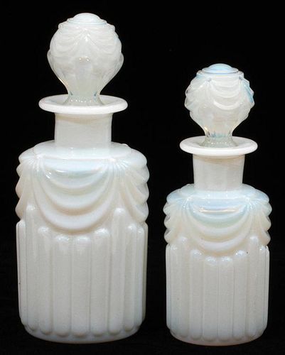 FRENCH OPALESCENT WHITE GLASS COLOGNE BOTTLES, TWO