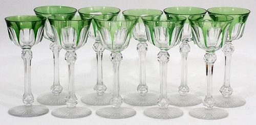 GREEN OVERLAY & CRYSTAL WINE GOBLETS SET OF SIX