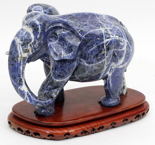 CHINESE BLUE CARVED SODALITE FIGURE OF AN ELEPHANT