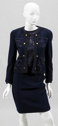 CHANEL BOUTIQUE WOOL, SILK & LACE SKIRT SUIT