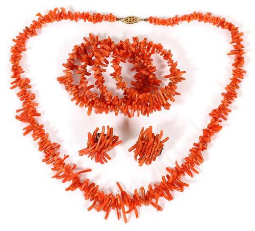 BRANCH CORAL NECKLACE BRACELET & PAIR OF EARCLIPS