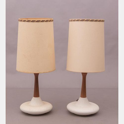 A Pair of Mid-Century Modern Teak and Ceramic Table Lamps, 20th Century.