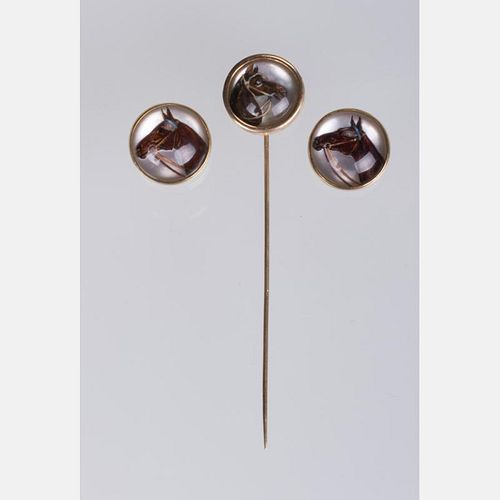A Group of Three 14kt. Yellow Gold, Reverse Carved Crystal Intaglio Horse Buttons and Stick Pin.