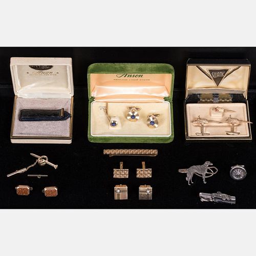 A Collection of Low Karat and Gold Plated Tie Pins and Cufflinks, 20th Century,
