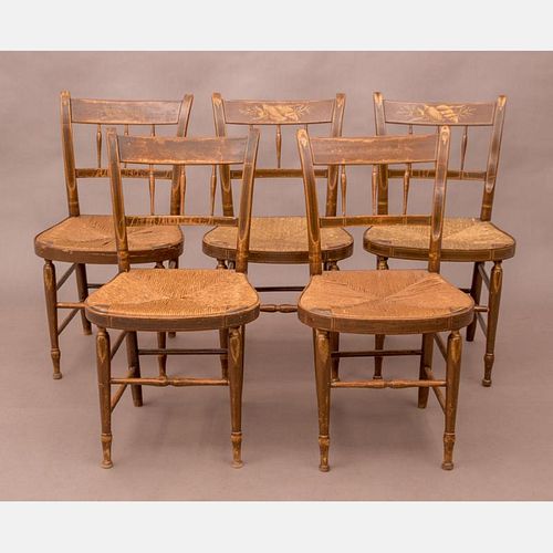 A Set of Five Federal Painted Side Chairs with Rush Seats and Stenciled Shell and Coral Motif, 18th Century.