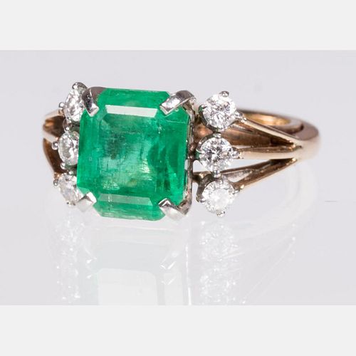 A 14kt. Yellow Gold, Emerald and Diamond Ring,