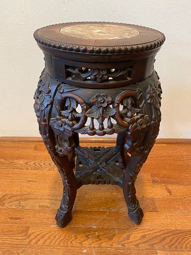 1920's Carved Chinese Plant Stand with Marble Insert