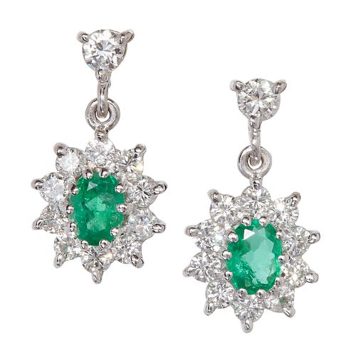 PAIR OF EMERALD AND DIAMOND CLUSTER EARRINGS
