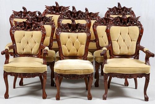 HAND CARVED MAHOGANY EAGLE BACK DINING CHAIRS