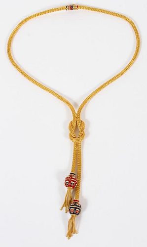 18KT YELLOW GOLD & ENAMEL BOLO STYLE NECKLACE