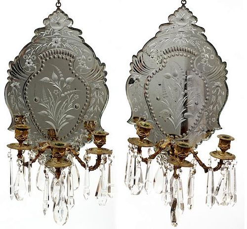 FRENCH MIRRORED THREE-LIGHT SCONCES PAIR