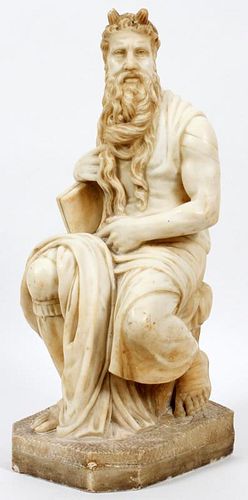 AFTER MICHELANGELO, ALABASTER SCULPTURE 19TH.C. H 22" MOSES WITH TABLETS