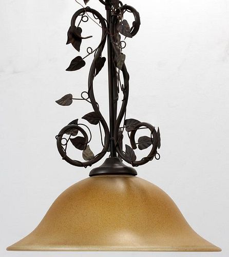 WROUGHT IRON AND AMBER GLASS HANGING LAMP