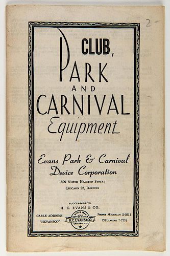 H.C. Evans & Co. Club, Park and Carnival Equipment. Chicago, ca. 1940s. Printed stapled wrappers. 82 pages. Illustrated. 8vo. Very good.