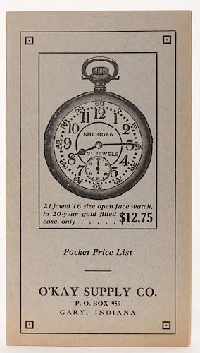 OÍKay Supply Co. Pocket Price List. Gary, Ind., ca. 1920s. Pictorial wrappers. Illustrated. Unpaginated gathering of 16 leaves. Poker odds table at r