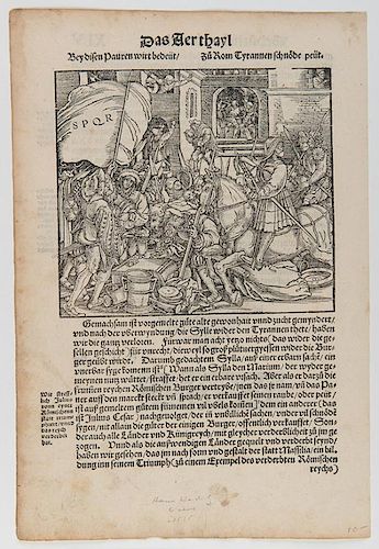 Cicero, Marcus Tillius. Four Pages from Geburlicher Werck. Germany, ca. 1540. Leaves from the book, illustrated with woodcuts. At least one image invo