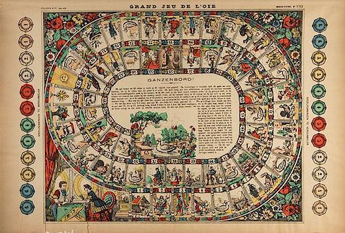 Goose! Board Game. Holland, 1713.. Hand-colored, printed primarily in Dutch, with a depiction of a dice game (or perhaps ñGoose!î being played) in t