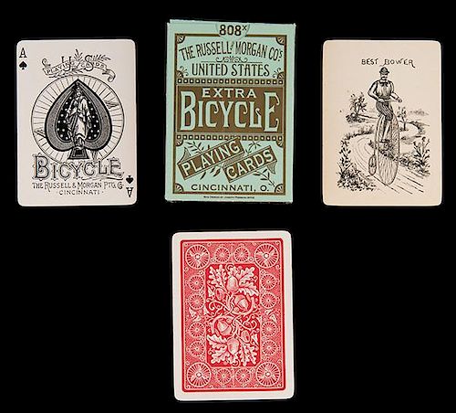 Russell & Morgan Bicycle 808 Playing Cards With Acorn Back. Cincinnati, ca. 1890. 52 + J + Box (not original). Gold edges and high wheel best bower. J
