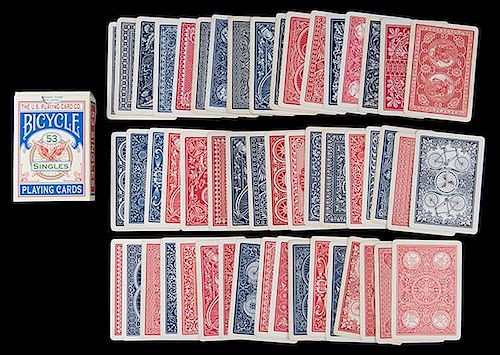 USPC Bicycle Playing Cards With 53 Different Backs. Cincinnati, various dates. 52 + J + OB. A deck put together with 53 different backs and a box cust
