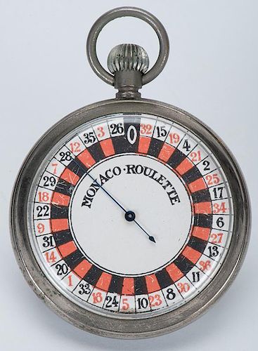 Roulette Pocket Watch. French, ca. 1900. Nice steel case, beveled glass crystal and paper dial. Twist the stem and the dial spins. Excellent.