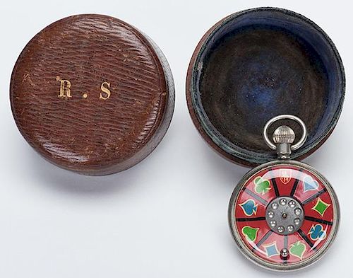 Playing Card Gambling Pocket Watch. Manufacturer unknown, ca. 1910. Twist the stem and the metal wheel spins the ball. Bet on the suit symbol it will 