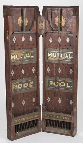 Gaffed Mutual Pool Ball Drop. Maker unknown, ca. 1880. This early piece may have been used at a race track or carnival. Reverse glass signs are in nee
