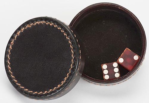Leather Chinese Dice Box with Dice. American, ca. 1940. Uses fair dice but they can be controlled by the shaker. Excellent.