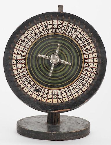 Dice Gambling Wheel on Stand. American, ca. 1900. With slight damage on the wheelÍs rim, clacker missing, otherwise very good. 9 _ x 12î.
