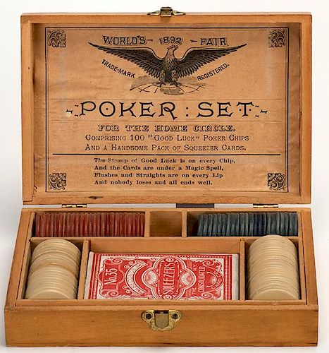 1892 _ 93 WorldÍs Fair Poker Chip Set. Chicago, 1892. Consisting of 48 white, 22 blue and 25 red clay chips. The NYCC Squeezer deck is complete with 