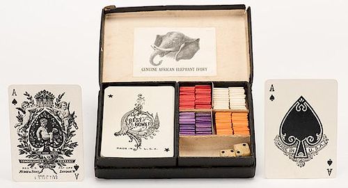 Traveling Set of African Elephant Ivory Gaming Chips With NYCC Deck of Cards. American, ca. 1880. Including 42 red, 39 white, 38 purple, and 41 orange