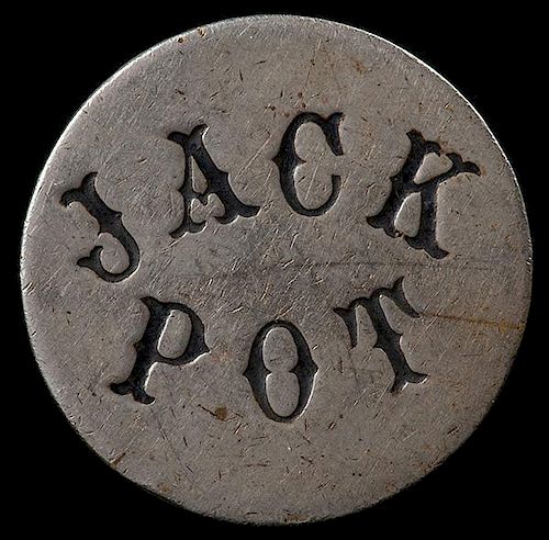 ñJack Potî Poker Buck. American, ca. 1900. Heavy German silver (1 _î diam.). Seymour 365.