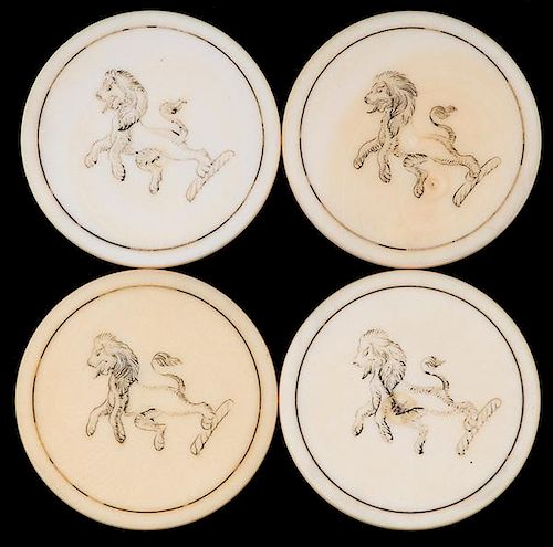 Four Standing Lion Ivory Poker Chips. English (?), ca. 1880. Scrimshawed standing lion. Not listed in Seymour, but similar to Seymour ID-CL (124). 1 _