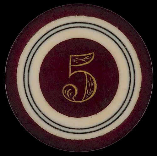 Five Dollar Ivory Poker Chip. American, ca. 1890. Five dollar ivory poker chip in two concentric circles with outside rim, edge and middle tinted purp