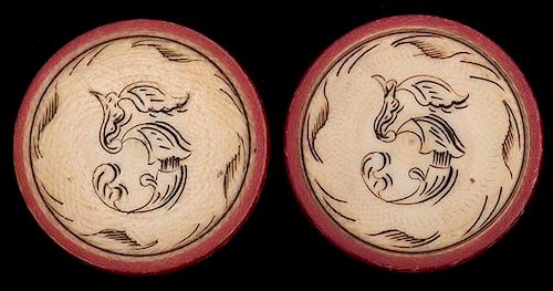 Two Five Dollar Ivory Poker Chips. American, ca. 1890. Red rim with leaf border. 1 _î diam. Excellent.