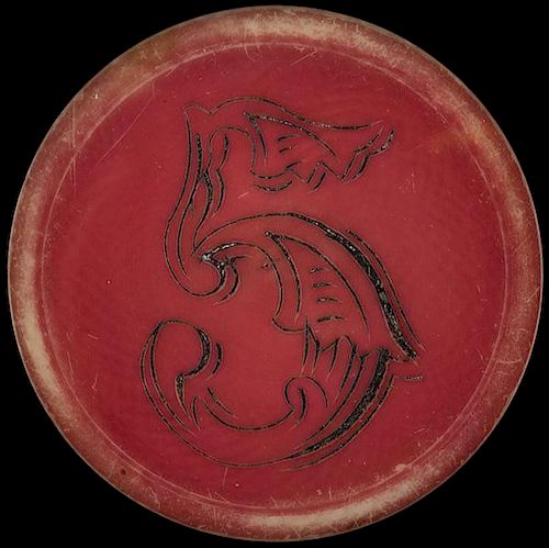Five Dollar Ivory Poker Chip Tinted Red. American, ca. 1890. Five-dollar ivory poker chip tinted in red, though the border may have originally been wh