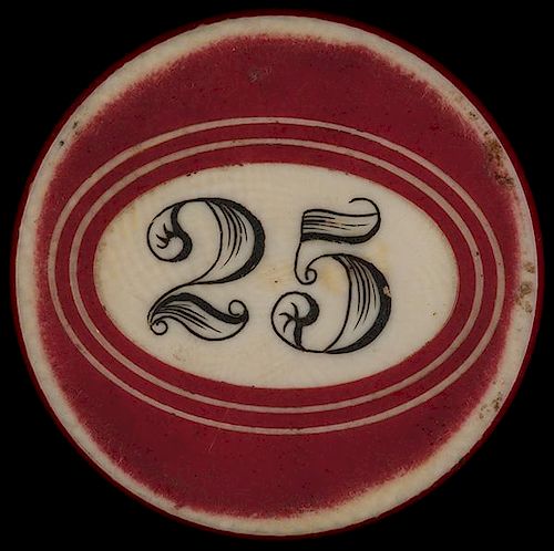 Twenty-Five Dollar Ivory Poker Chip. American, ca. 1890. Twenty-five dollar white ivory poker chip surrounded by two concentric red oval circles, with