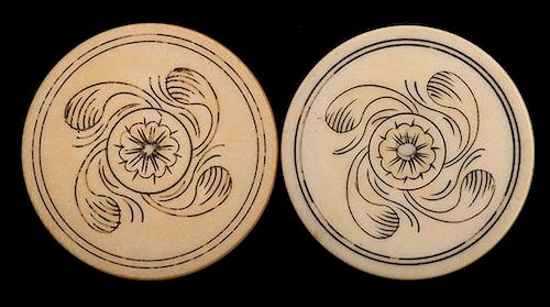 Two Wheel Inside Flower Design Ivory Poker Chips. American, ca. 1890. Nicely scrimshawed design. 1 _î diam. Excellent.