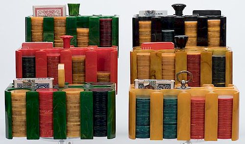 Six Bakelite Poker Chip Racks with Round Bakelite Chips and Eight Decks of Playing Cards. Two green, two butterscotch, one red, and one black rack fil