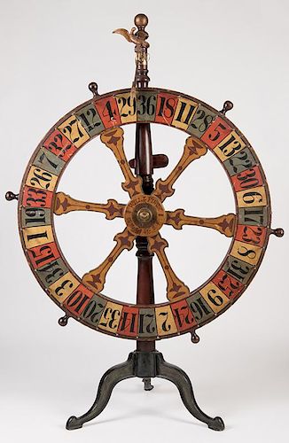 Will & Finck Gambling Wheel. San Francisco, 818 Market St., ca. 1900. The only known example, original polychrome-painted, walnut wall-mounted saloon 