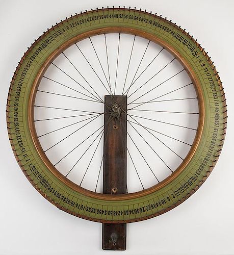 Carnival Bicycle Wheel. Wooden wheel with hand painted numbers and mounting board. 32î diam.