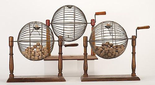 Three Bingo Cages. Two with bingo balls, the third without, but with lovely Bakelite posts.