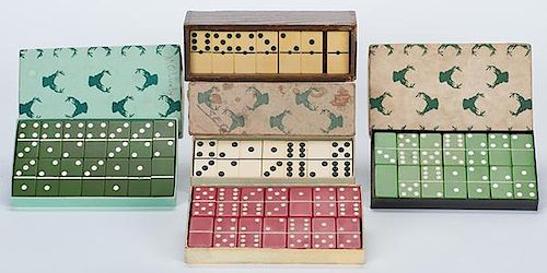 Five Sets of Bakelite Dominoes in Original Boxes. Providence, R.I.