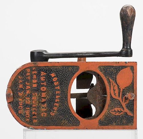 Cast Iron Automatic Lemon Squeezer. Mosteller, 1906. Cast iron squeezer with original paint that would clamp onto the bar and be used for various mixe