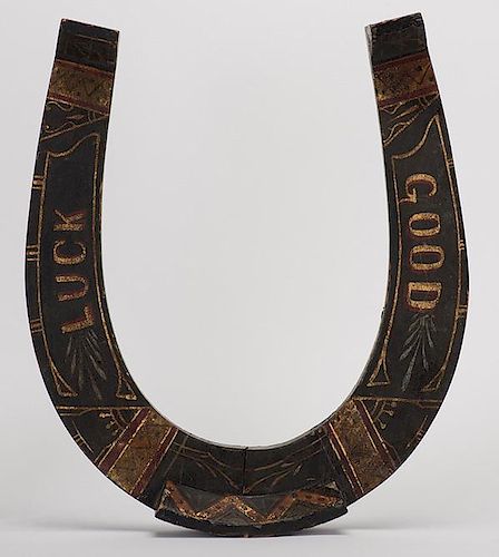 Folk Art Wooden Horseshoe. Hand painted red and gold design with the phrase ñGood Luckî. 15 x 13î. Slightly faded, otherwise excellent.