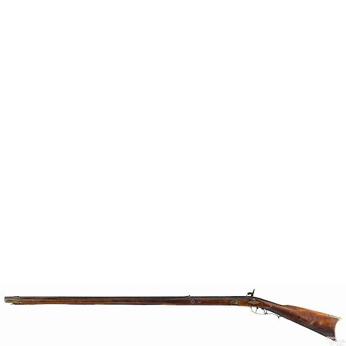 Full stock percussion long rifle, approximately .40 caliber, with a tiger maple stock