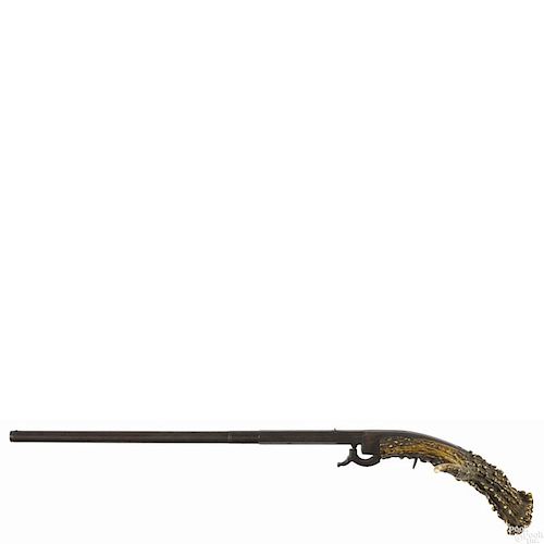 Single shot underhammer pistol, .28 caliber, with unusual one-piece stag horn grips