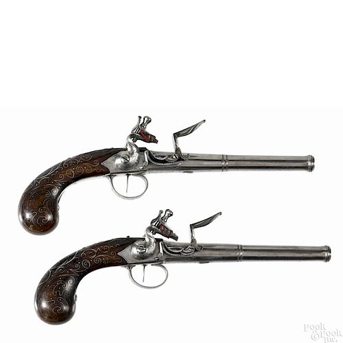 Pair of Queen Anne pistols, ca. 1810, approximately .55 caliber