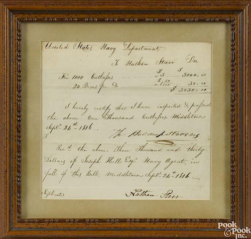Nathan Starr signed receipt, dated Sept. 24th 1816, for 1,000 cutlasses at $3 each