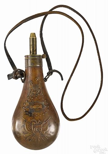 Batty copper powder flask, 1856, ''Peace'' type, marked US, 10 1/4'' h.