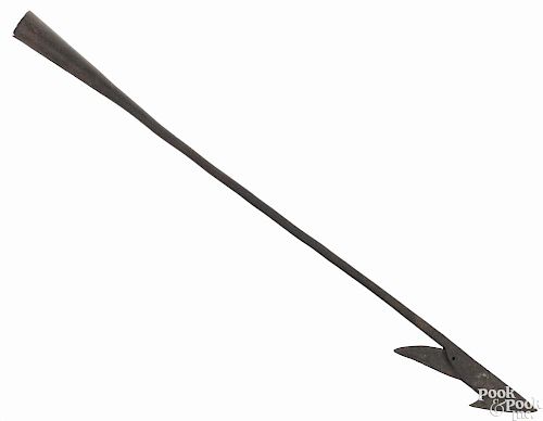 New England wrought iron whaling harpoon, 19th c., with a swivel head, initialed B.K.L.A.A